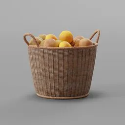 "Wicker basket with oranges: a visually stunning 3D model ideal for Blender 3D. This versatile fruitvegetable category model, created by Ram Chandra Shukla, features intricate macrame details and a rustic charm, making it a perfect fit for your medieval scene decorations."