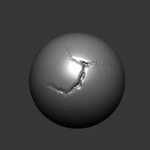 3D sculpting brush imprint of jagged cuts and metal damage on spherical surface for Blender modeling.