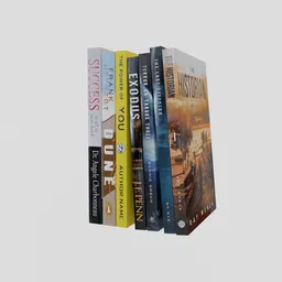 "Assorted fiction books in high-resolution 3D model for Blender 3D software. Stacked on a shelf depicting a last supper composition in an apocalyptic future. Rendered with Octane Redshift and available for download on BlenderKit under the literature category."