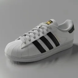 "Highly detailed 3D model of Adidas Superstar shoe in white and black colorway. This 3D model is perfect for any retro or 1980s fashion-themed project. Created using Blender 3D software."