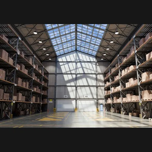 Detailed 3D warehouse interior render for Blender Cycles, showcasing realistic materials and lighting.