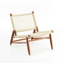 "Delhi Lounge Chair: A beautifully crafted outdoor furniture piece in Blender 3D with wooden legs and a woven seat made of wicker rope. The mellow design inspired by Carles Delclaux Is is perfect for lounging in style."