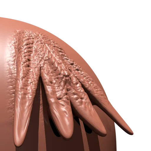 3D sculpting brush for Blender creating a detailed dinosaur frill texture effect on model surfaces.