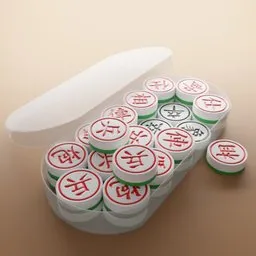 Detailed 3D model of Chinese Chess pieces in a container for Blender rendering, displaying intricate symbols.