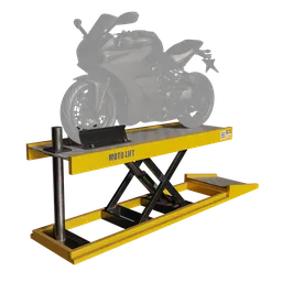 "Motorcycle lift 3D model for Blender with detailed machinery and workshop objects. Featuring a motorcycle on a lift table against a black background, this utility-industrial model is perfect for your scene."