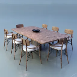 Detailed 3D model of a modern dining table with chairs, textured and rendered in Blender 3D.