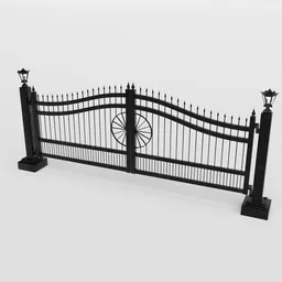 "Highly-detailed 3D model of a black steel estate or farm gate with ornate lamps on posts, created using Blender 3D software. The gate features intricate fence detailing and stone walls, inspired by Sardar Sobha Singh's work and following the golden ratio. Perfect for architectural visualizations and street scene projects."