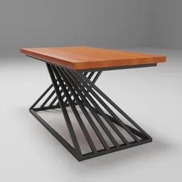 "Stylized wooden coffee table with metal base inspired by Dennis H. Farber and featuring sharp angular designs. Transport design render with folded geometry and a manly, phoenix-inspired design. Perfect for use in Blender 3D projects and home decor."