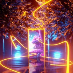 Enchanted forest 3D scene with mystical door, neon lights, and reflective water, blending fantasy with reality.
