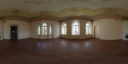 Panoramic view of an empty, vintage interior with arched windows providing natural light for 3D scene lighting.