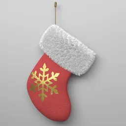 3D-rendered festive red stocking with fluffy cuff and gold snowflake, optimized for Blender.