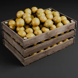 Detailed 3D model of a wooden crate filled with realistic scanned yellow fruits for Blender renderings.