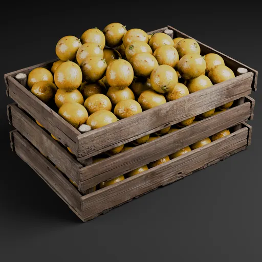 Detailed 3D model of a wooden crate filled with realistic scanned yellow fruits for Blender renderings.