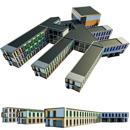 "Contemporary 3D Art High School Building Design by M3D for Blender 3D, featuring a futuristic sci-fi building with symmetrical wings and a train on tracks. Inspired by Bauhaus architecture, the isometric view showcases a school courtyard and hospital in vectorized detail. Perfect for your 3D design projects."