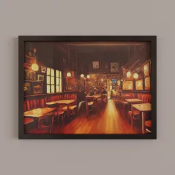 "Photorealistic limited edition print of a wooden pub, 40x30cm, created with Blender 3D. Rich and moody atmosphere with dreamy blurred lens and anamorphic perspective. Designed by Dan Mumford."