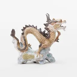 Intricately detailed Blender 3D ceramic dragon sculpture with glossy finish, ideal for graphic design and animation.