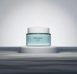 3D-rendered luxury face cream jar on pedestal against a gradient backdrop, showcases beauty product visualization.