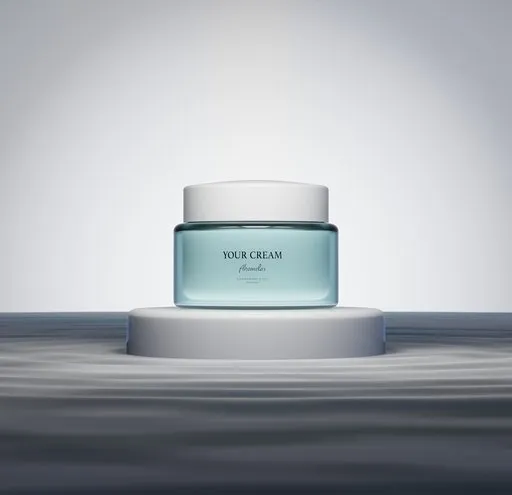 3D-rendered luxury face cream jar on pedestal against a gradient backdrop, showcases beauty product visualization.