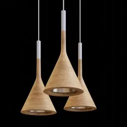 3D-rendered Blender model showcasing trio of sleek, conical pendant lights with natural wood texture.
