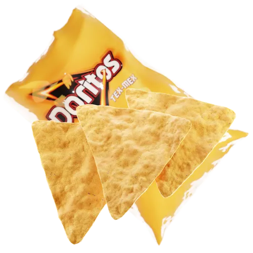 Realistic 3D modeled Doritos chips with textured shader, ideal for Blender rendering in creative projects.