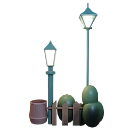 Fantasy urban 3D model featuring stylized street lamps and futuristic city furniture designed for Blender.