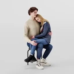 Detailed 3D model of a young couple embracing, man in light top with woman in blue, Blender 3D compatible.