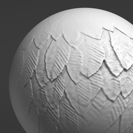 3D sculpting brush creating layered feather/leaf patterns for Blender 3D models, crafted with Inkscape and Krita.
