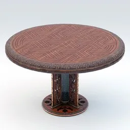 "Classic wooden table with metal base featuring intricate 3D Celtic knot design on a textured disc base. Edo-style with red, brown, and blue color scheme. High-quality detailed geometry and textures, perfect for Blender 3D modeling."