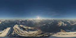 Aerial HDR panorama of sunlit mountains and clouds perfect for scene lighting.