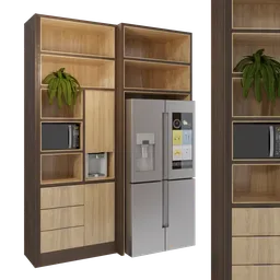 "Kitchen Cabinet Blender 3D model with bamboo wood, photoreal details, and 3 doors. Includes two refrigerators and a shelf with a plant. Perfect addition for your kitchen-set scene."