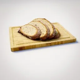 "Freshly sliced bread on a wooden cutting board, perfect for kitchen decor and table settings. High quality 3D model for Blender 3D software."