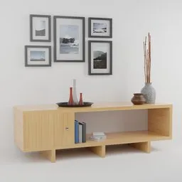 Detailed Blender 3D model of a wooden living room shelf with decorative items and wall frames.