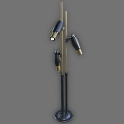 Detailed 3D rendering of a triple-head modern floor lamp with brass accents, compatible with Blender modeling software.
