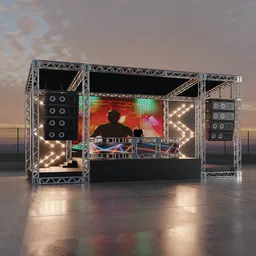 Detailed render of a 3D indoor DJ stage with vibrant lighting and speakers, suitable for various creative uses.