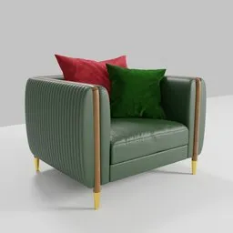 Detailed 3D render of a green armchair with ribbed upholstery and brass legs, paired with red and green cushions.
