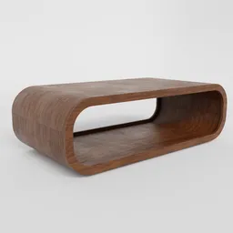 "Modern wooden center table for Blender 3D, featuring a rounded corner rectangle design with a shelf and rough wood texture. Created by Evelyn Abelson and available on BlenderKit's table category. Lightweight and detailed, perfect for interior design renders."