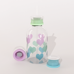"Cute Baby Bottle 3D Model with Heart Pattern and Interchangeable Caps - Perfect for Blender 3D. This adorable design includes two standard caps and a straw cap, ideal for liquid glue spots, hydration, and even tea parties. Kawaii HQ render captures the magic of this precious moments inspired cuteness."
