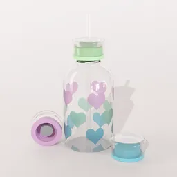 "Cute Baby Bottle 3D Model with Heart Pattern and Interchangeable Caps - Perfect for Blender 3D. This adorable design includes two standard caps and a straw cap, ideal for liquid glue spots, hydration, and even tea parties. Kawaii HQ render captures the magic of this precious moments inspired cuteness."