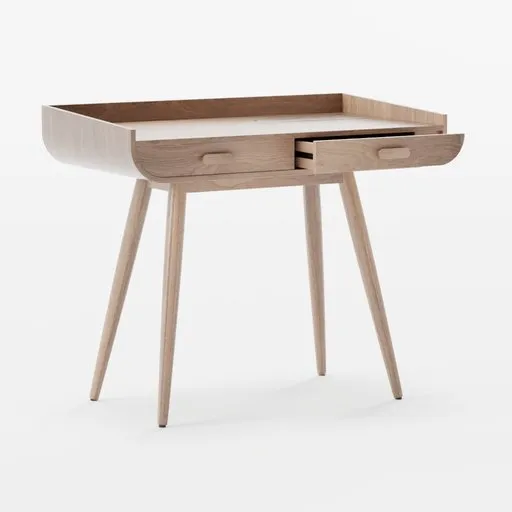 Scandinavian-inspired 3D rendered walnut desk with sleek lines and curved edges, ideal for modern interior design.
