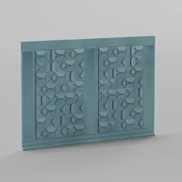 "Enhance your interior with a highly detailed 3D wall panel for Blender 3D. Inspired by Louise Nevelson, this Persian design features tessellating patterns and beaded curtains. Perfect for adding a touch of luxury with its vector art panel for CNC plasma and mid-century sofa."