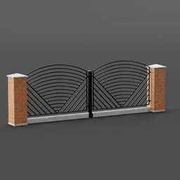 "High-quality 3D model of a 1.5m iron fence for Blender 3D, featuring a gate, brick wall, and pillar. Customizable segment count using the array modifier on the second segment. Perfect for architectural visualization and product design renders. Get this detailed fence model now."