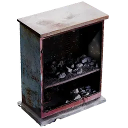 "Cityspace 3D model of an abandoned iron box with realistic smoke and gritty texture, filled with rocks. Created in Blender 3D software. Perfect for scrapyard or laboratory scenes. "