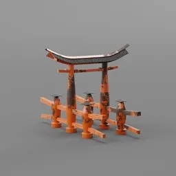 Detailed 3D model of an orange traditional Japanese Torii gate with realistic textures and weathering effects.
