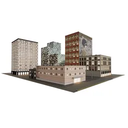 Realistic Blender 3D model showcasing six varied low-poly buildings and modular streets for urban design.