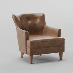 "Brown leather armchair 3D model for Blender 3D, inspired by Archibald Skirving and Winston Churchill. Realistic and high-quality design, centered in a living room setting. Perfect for furniture rendering and visualization."