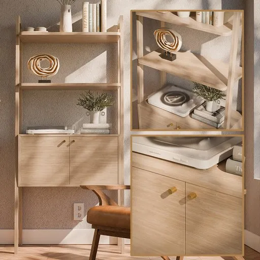 Elevated view of a minimalist wooden Krossa shelf 3D model, ideal for Blender 3D bedroom scene setups.