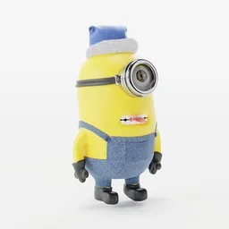 "Minion 3D model from Despicable Me movie, created in Blender 3D software. This high-quality model depicts a close-up of a toy figure of a Minion with a camera, featuring a small hat, centralized head and upper torso. Perfect for use in Blender 3D projects, this model captures the essence of the beloved character loved by both adults and children."