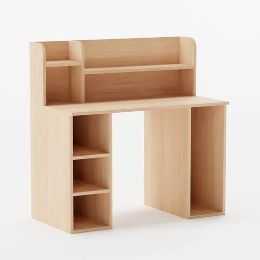 3D wooden desk model with shelves designed for Blender, perfect for office and home interior renderings.