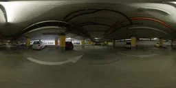 360-degree view of an empty parking garage with ambient lighting for realistic scene rendering.