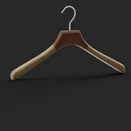 Realistic 3D wooden clothes hanger model with metal hook for Blender rendering and wardrobe visualization.